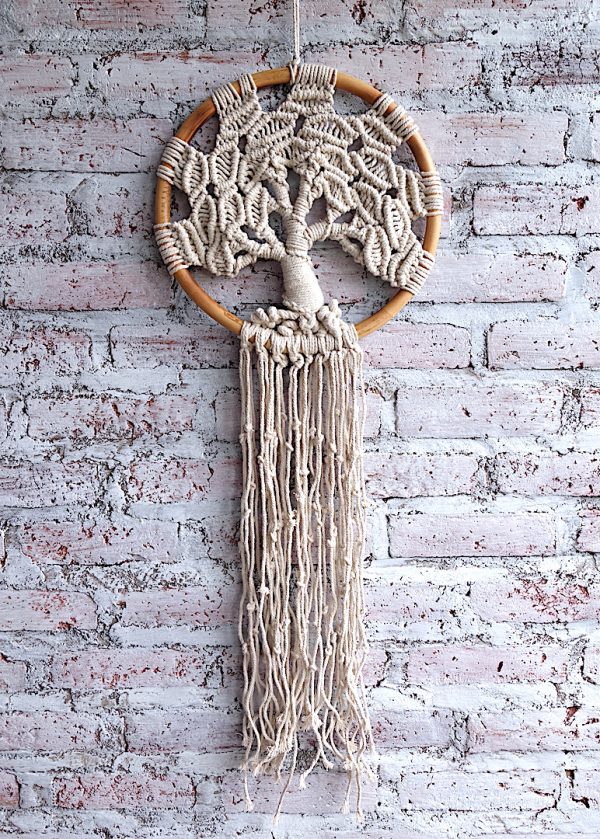 ručně vyrobený lapač snů drhaný strom života v bambusovém kruhu 100cm