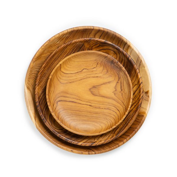 přírodní talíře z teakového dřeva velký, střední a dezertní