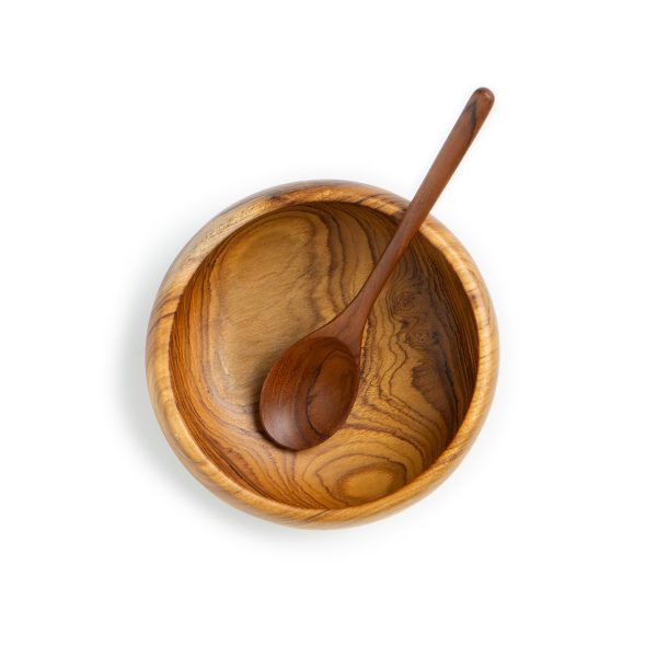přírodní miska z teakového dřeva na smoothie bowl menší s polévkovou lžící střední