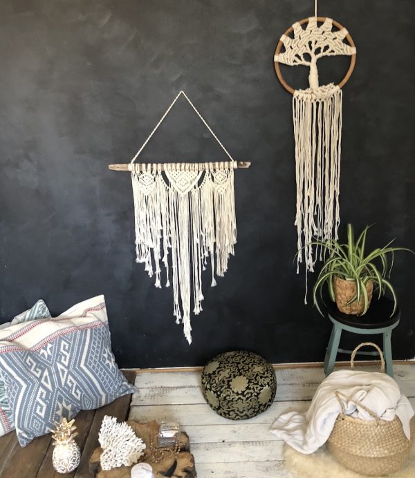 ručně vyrobený lapač snů drhaný strom života v bambusovém kruhu 110 cm a macramé