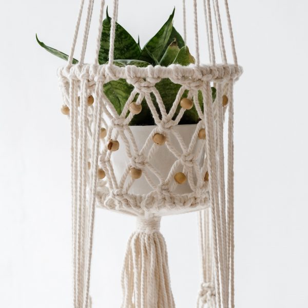 závěsný květináč dvojitý ve smetanové barvě z bavlněného lana Beads