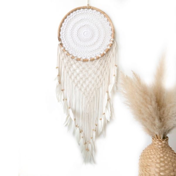 Lapač snů smetanový s macramé v bambusovém kruhu 132cmx44cm